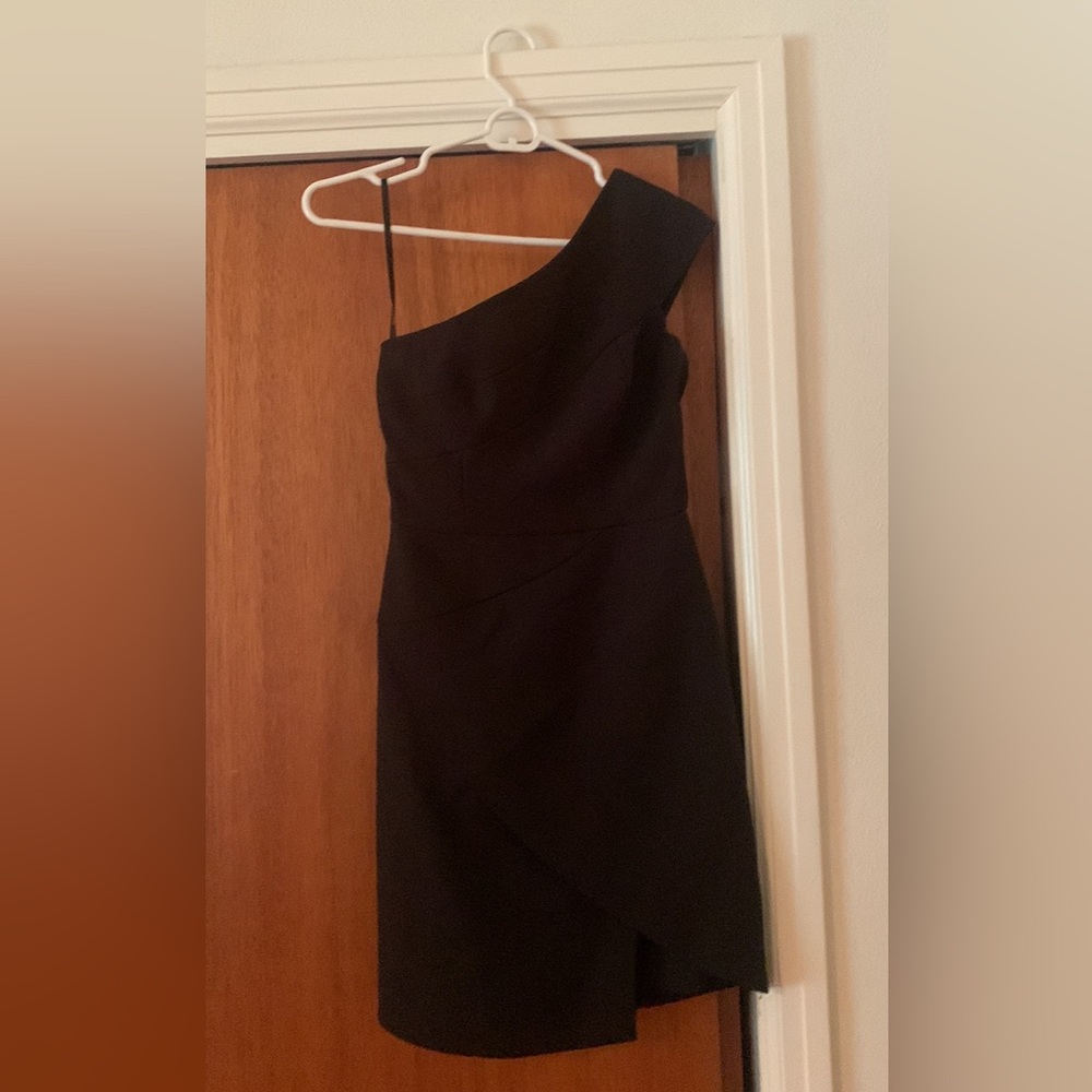 BCBG black one shoulder midi dress